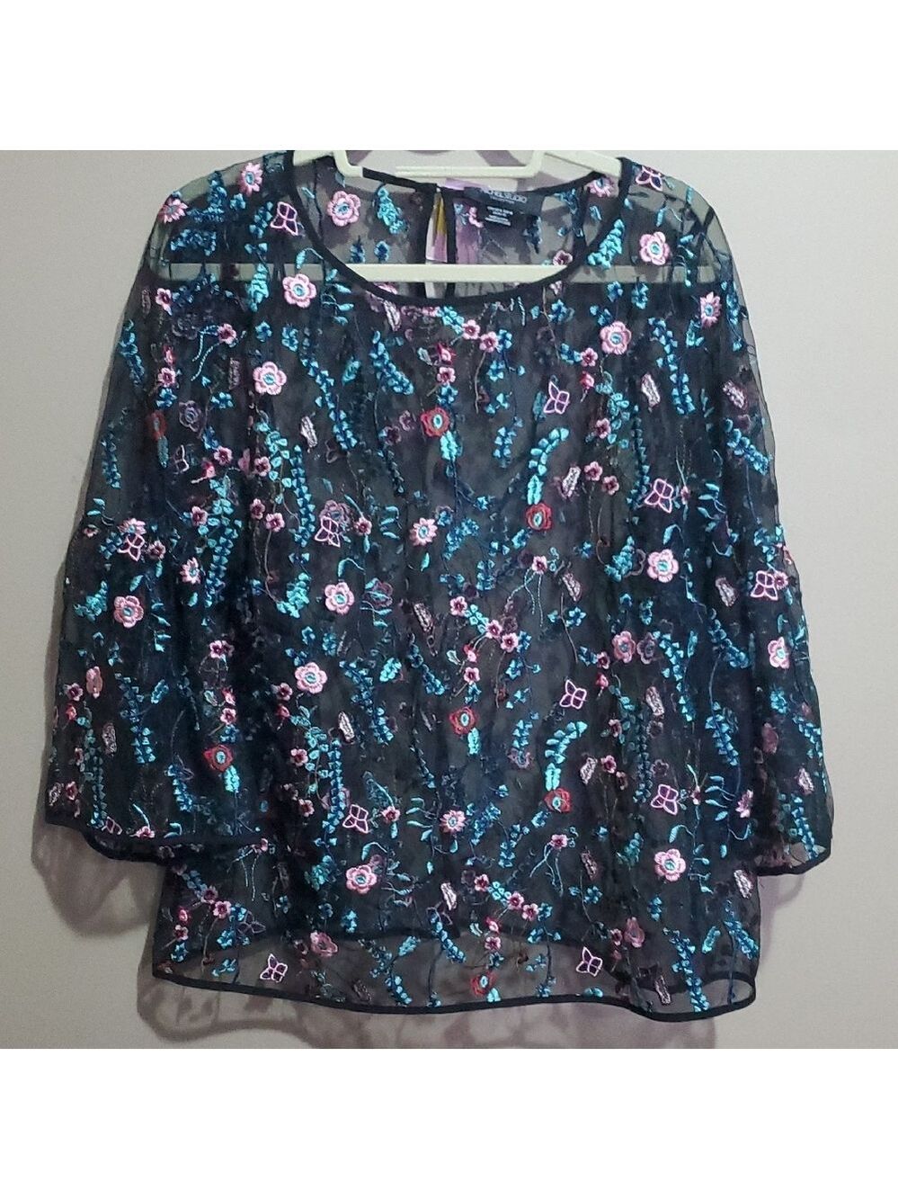 Michael Studio Floral Embroidered Sheer Top Size 16